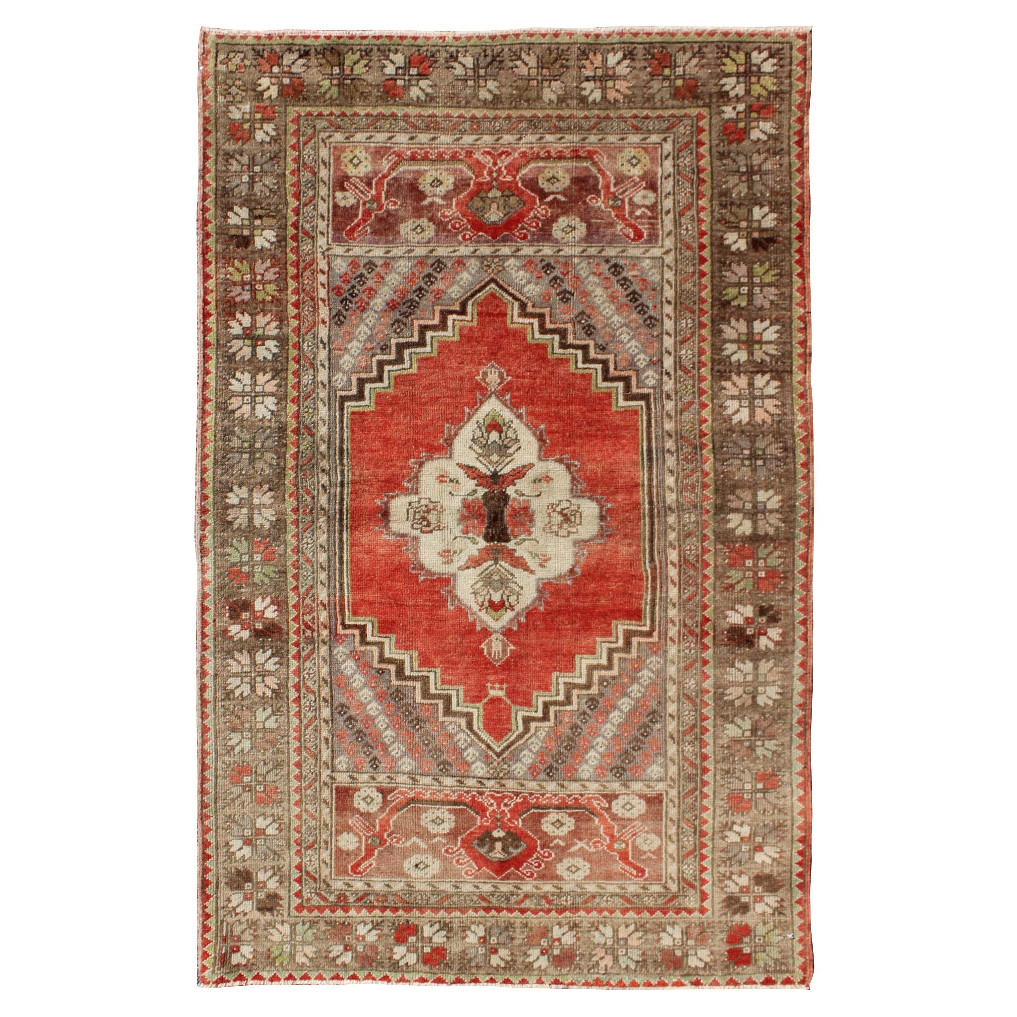 Turkish Oushak with Coral, Orange Red, Green, Salmon & Taupe Colors For Sale