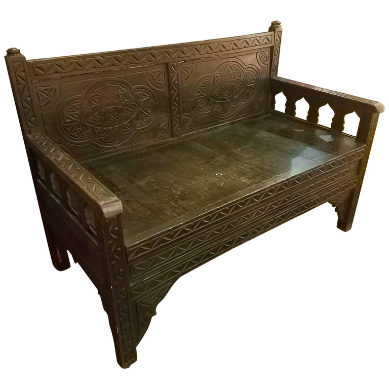 Moroccan HandCarved Wooden Bench, Cedar Wood For Sale at 1stdibs
