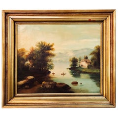 19th Century Large Oil on Canvas Boy in Canoe on the Water