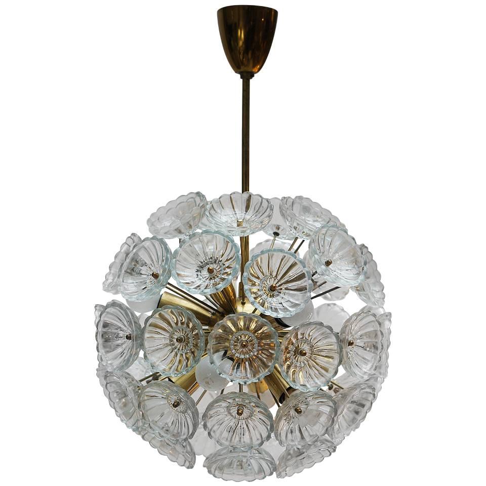 Glass and Brass Sputnik Chandelier, circa 1960 For Sale