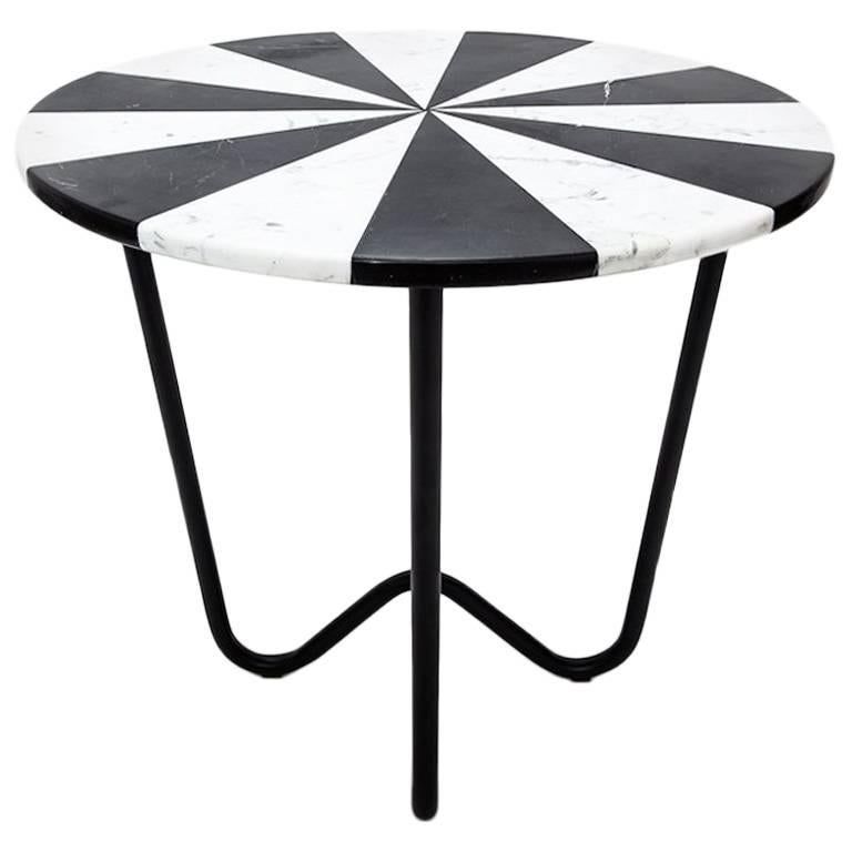Jasmine Pizza Side Table End Table in Black Marble and White Marble, Metal Base For Sale