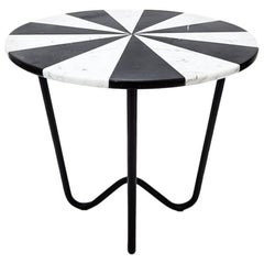 Jasmine Pizza Side Table End Table in Black Marble and White Marble, Metal Base