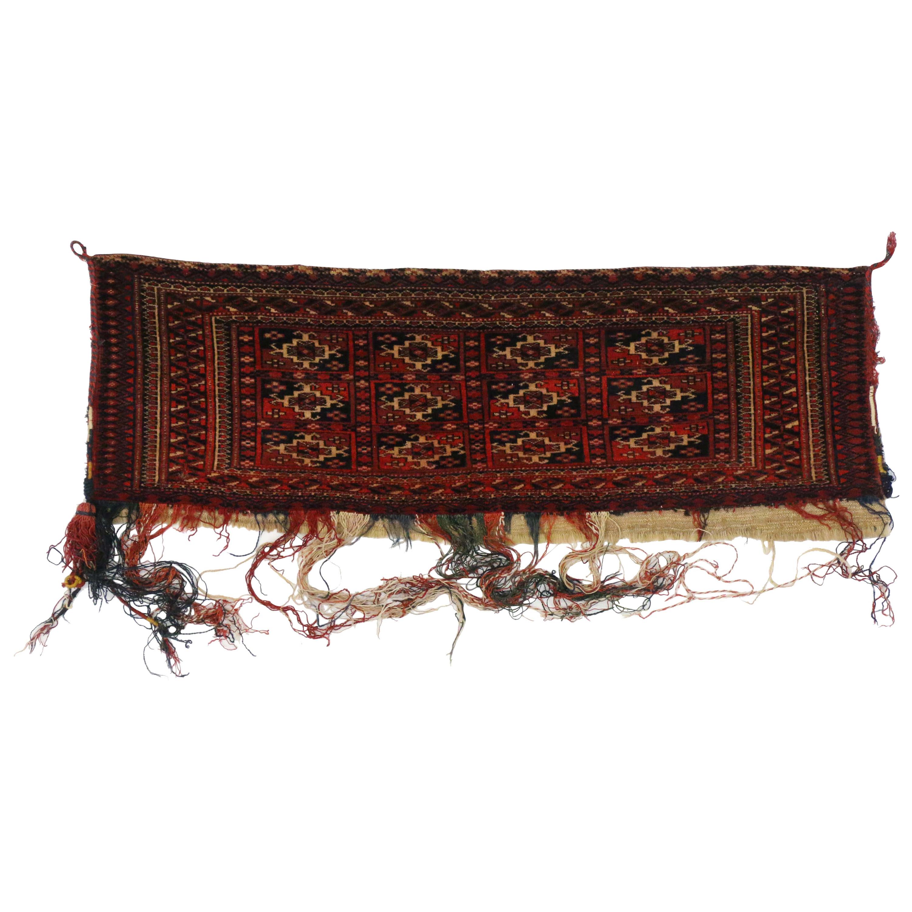 Ancien sac turkoman afghan ancien de Turkmen Torba, cintre mural, tapisserie textile tribale