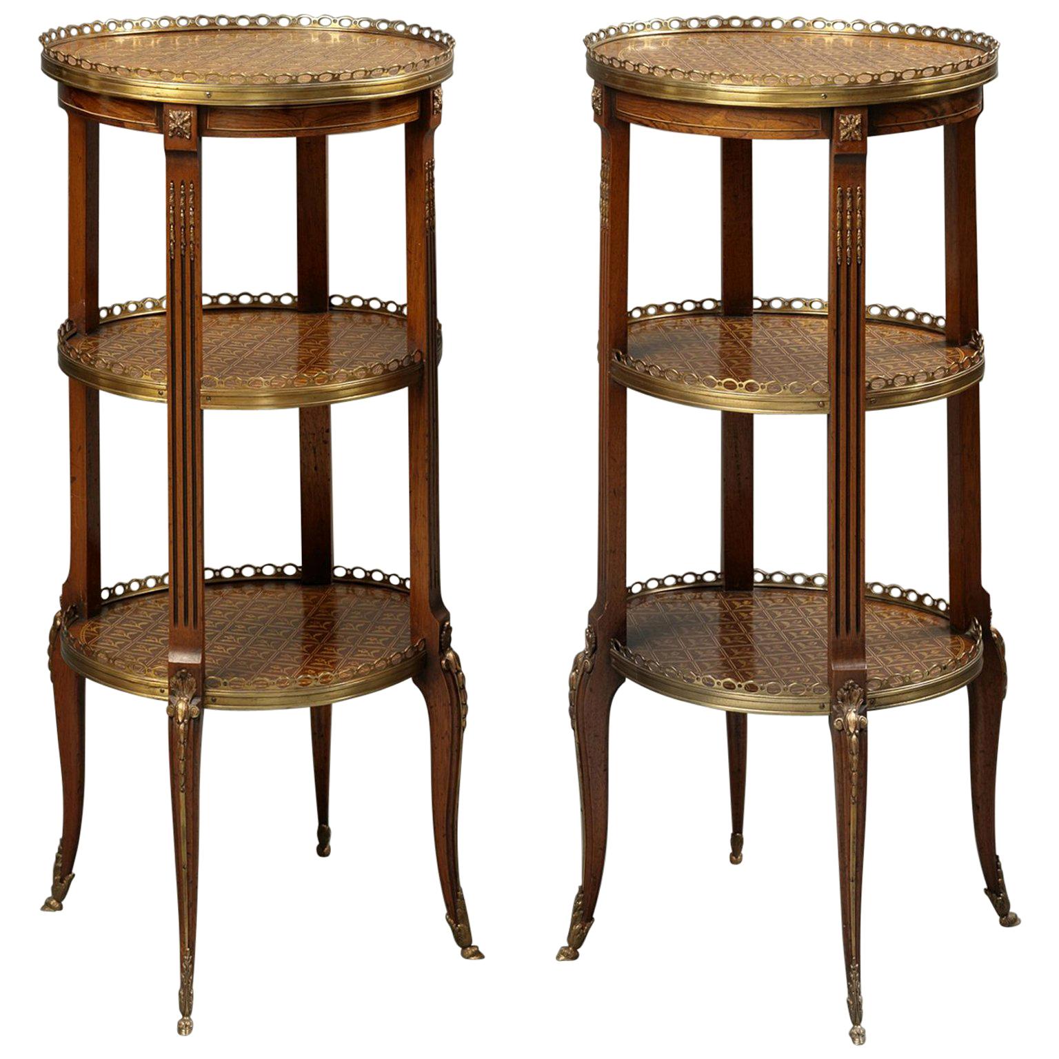 Fine Pair of Marquetry Inlaid Three-Tier Étagère Tables, circa 1890