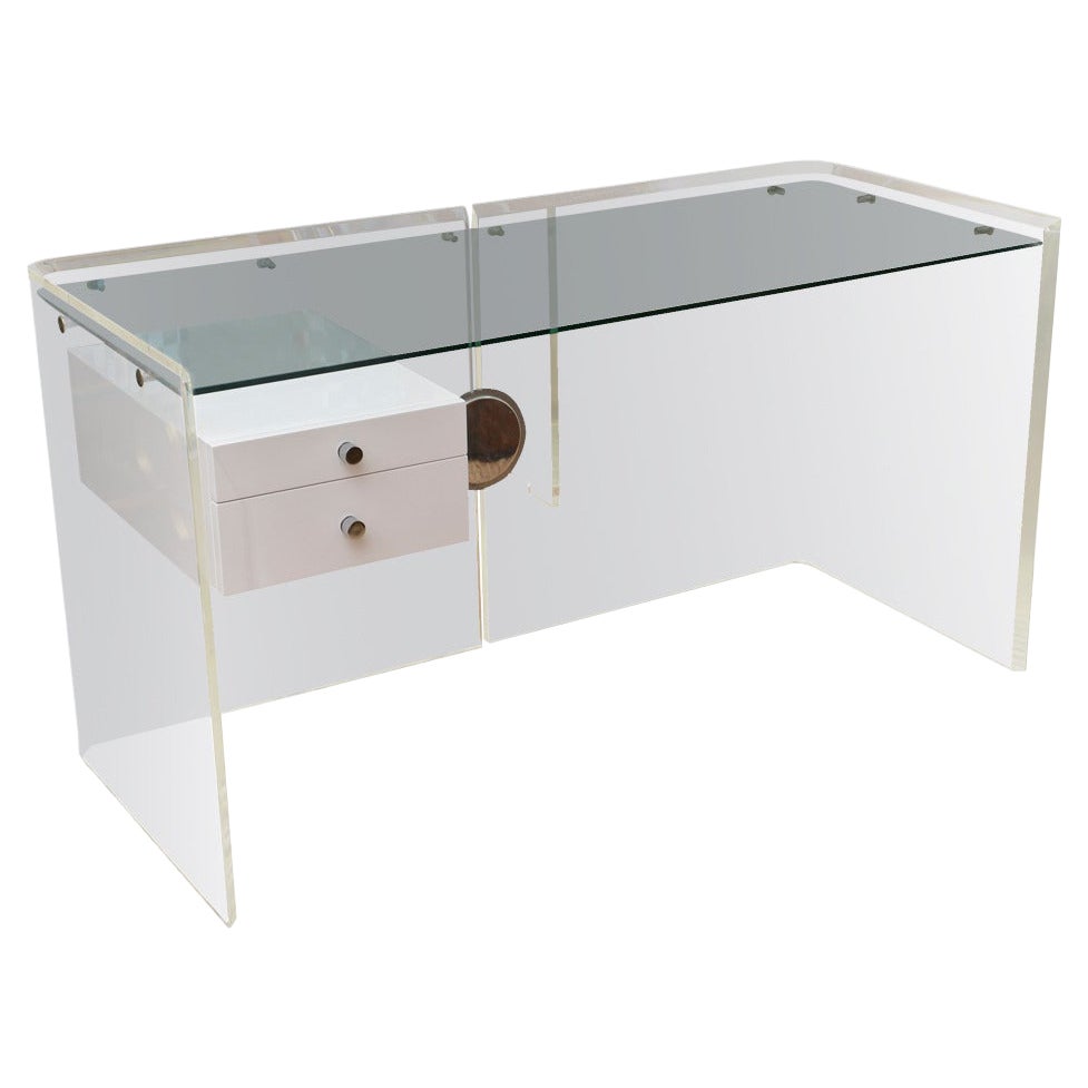 Custom Floating Lucite, Steel and White Lacquered Two Drawer Desk Vintage For Sale