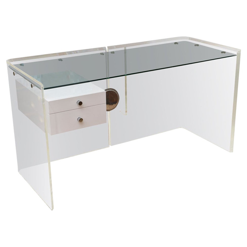 Custom Floating Lucite, Steel and White Lacquered Two Drawer Desk Vintage