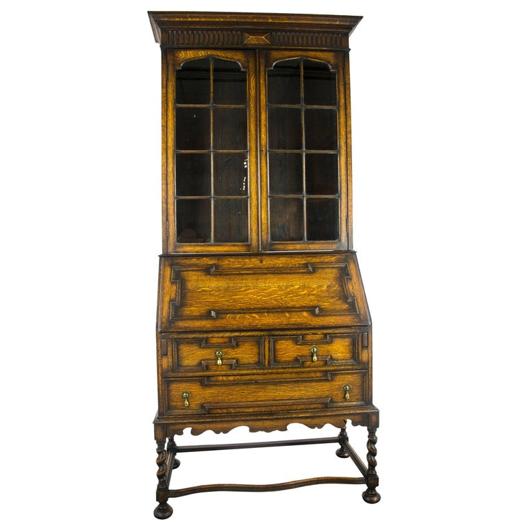 Antique Secretary Desk Fall Front Oak Bookcase Scotland Antique Secretary Desk Victorian Oak Fall Front Scotland 1920 B1027