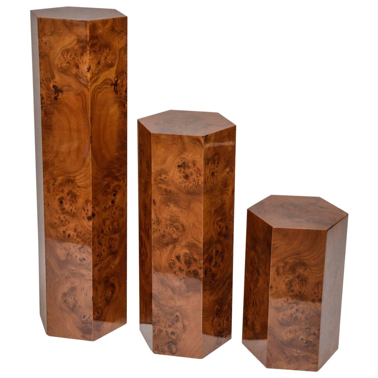 Set of Three Hexagonal Pedestals in Burl Wood