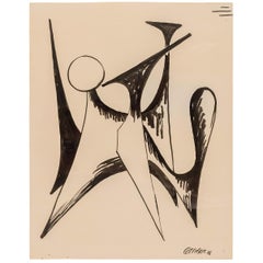 Alexander Calder Signed & Dated India Ink on Paper "Stabile Drawing", USA 1946
