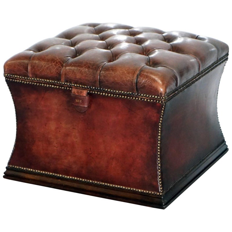 Vintage Steel Blue Leather Chesterfield Storage Ottoman at 1stdibs