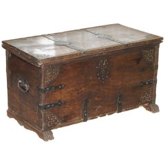 Very Rare 17th Century Walnut Spanish Chest or Trunk Hand-Carved Iron Bound Lock