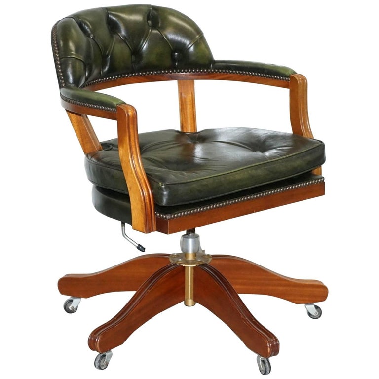 Harrods Chesterfield Directors Green Leather Executive Captains Lovely Cushioned Chesterfield Admirals Court Captains Aged Green Leather Chair