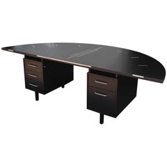 Large Modernist Executive Demilune Desk with Stainless Steel Inlaid Motif