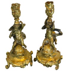 19th Century French Bronze Putto and Dolphin Motif Candlesticks