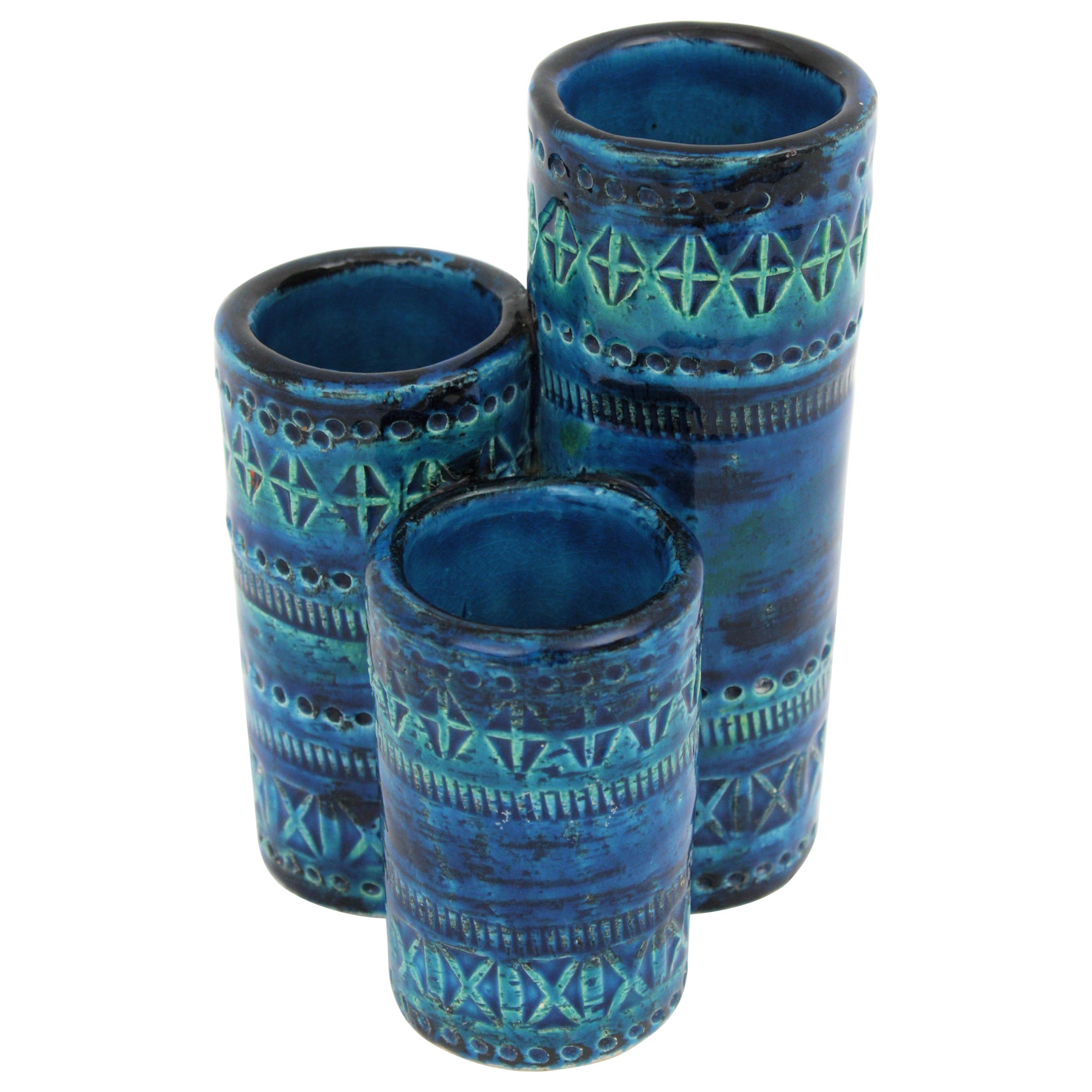 Aldo Londi Bitossi Rimini Blue Glazed Ceramic Triple Vase, Italy, 1960s