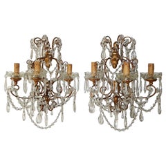 Antique 1900 French Baroque Gold Gilt Three-Light Crystal Sconces
