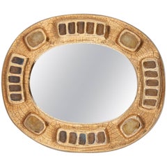 Midcentury Francois Lembo Ceramic Mirror Gold and Amber Fused Glass