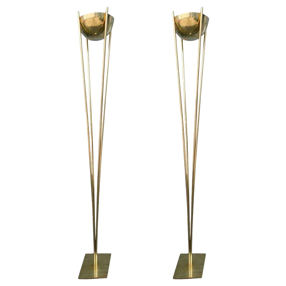 Pair of 1970s Brass Torchères Floor Lamps For Sale