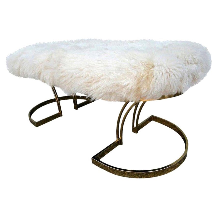1970s Brass Bench with Ivory Sheepskin Seat For Sale