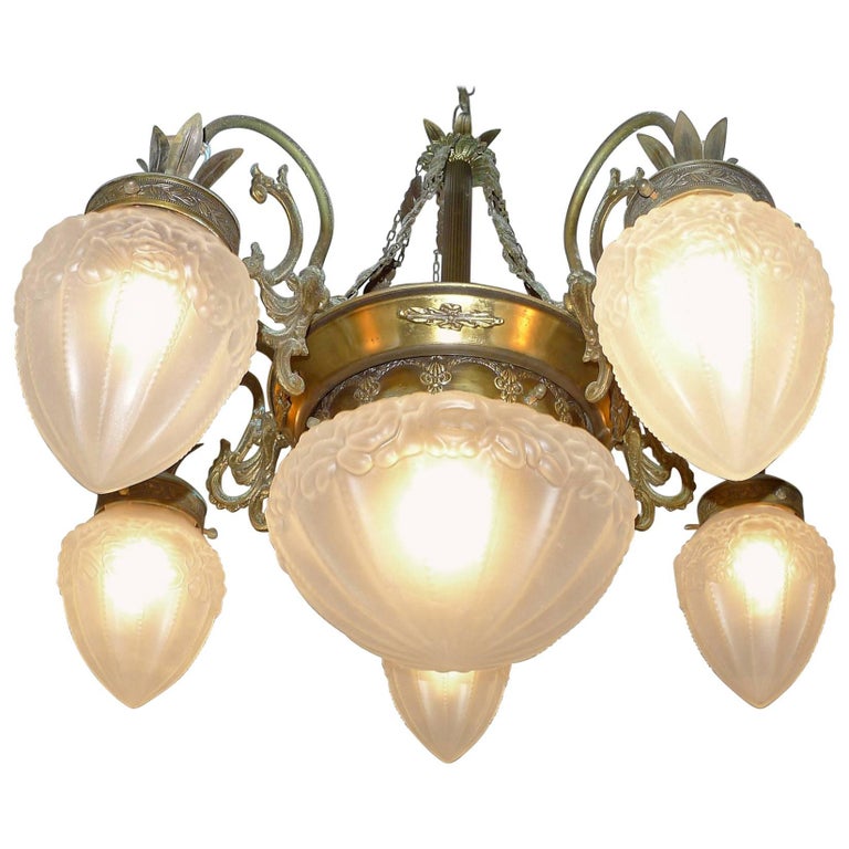French Art Deco And Nouveau Brass Frosted Glass Chandelier French Art Deco And Nouveau Brass Frosted Glass Chandelier For