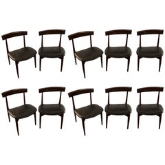 Set of Ten Rosewood Mid-Century Modern Slat Back Chairs with Leather Seats