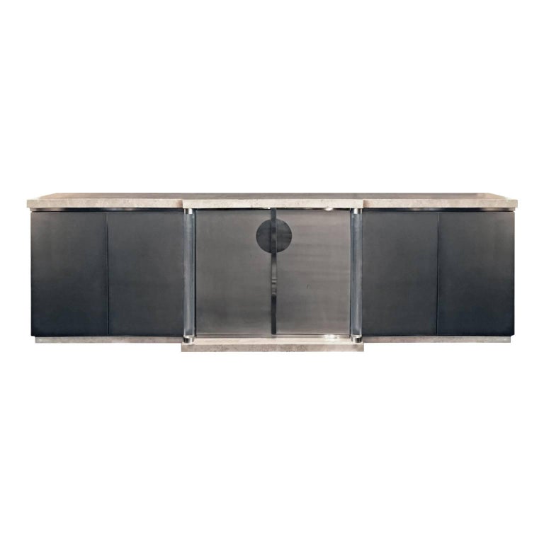 1970s Belgian Brushed Chrome and Travertine Sideboard with Lucite Columns For Sale