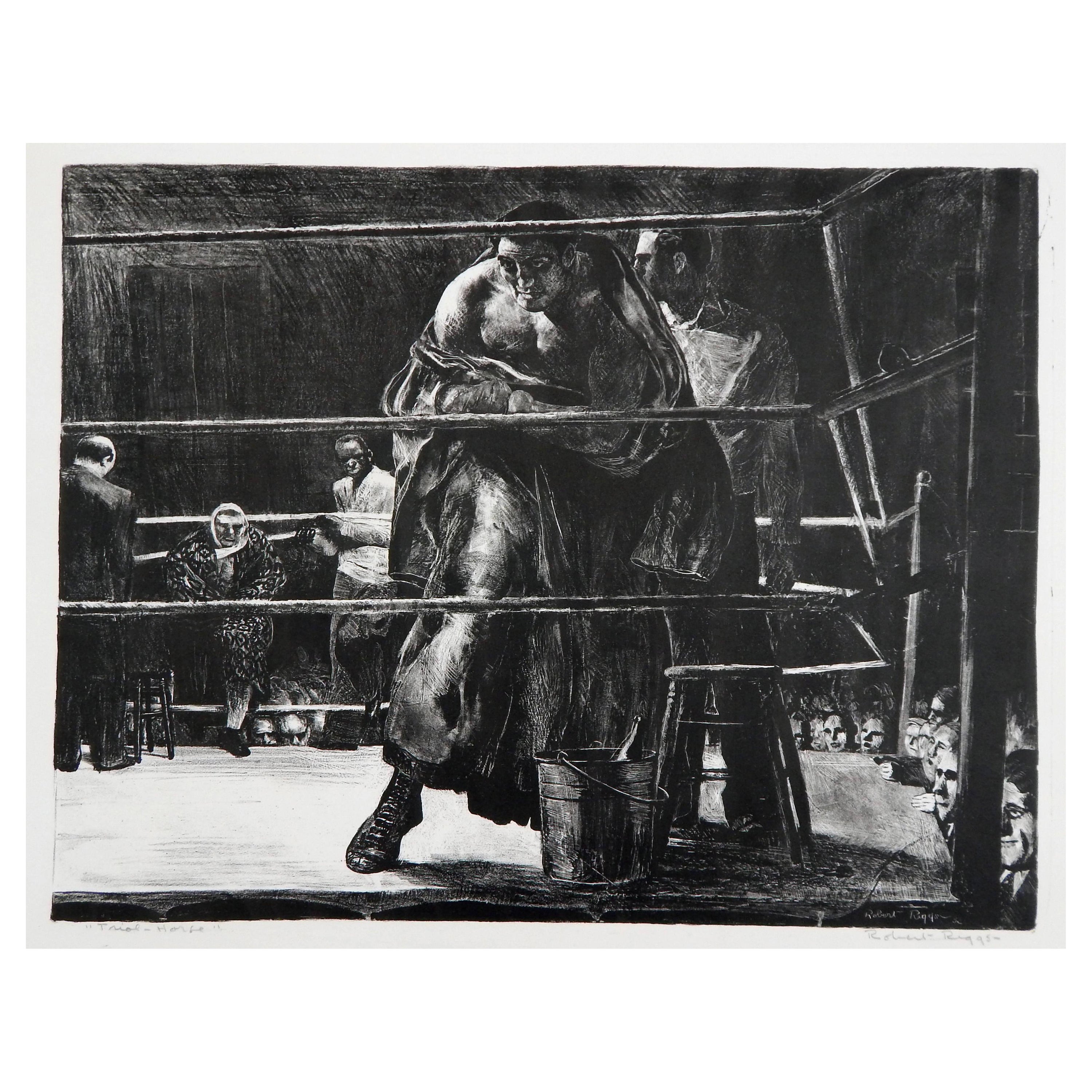 Lithographie originale de Robert Riggs, sujet de boxe « Trial Horse » en vente