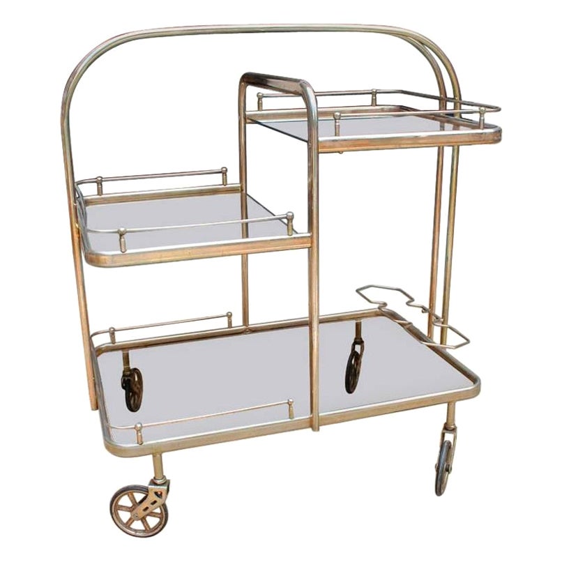 1980s, Spanish Gilded Brass Drinks Trolley with Original Rubber Wheels For Sale