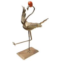 Vintage 1970s Brass Heron with Red Jade Head