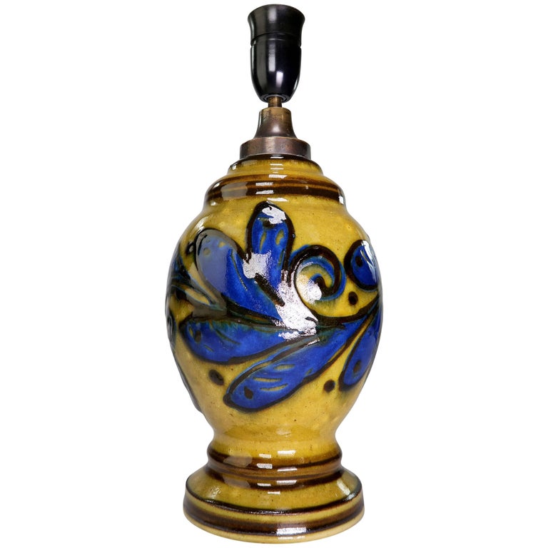 Phoenix Brilliantly Glazed Art Deco Lamp Base By Gregory For Herman Kähler Art Deco Mustard Blue Glazed Modern Handmade Lamp 1930s