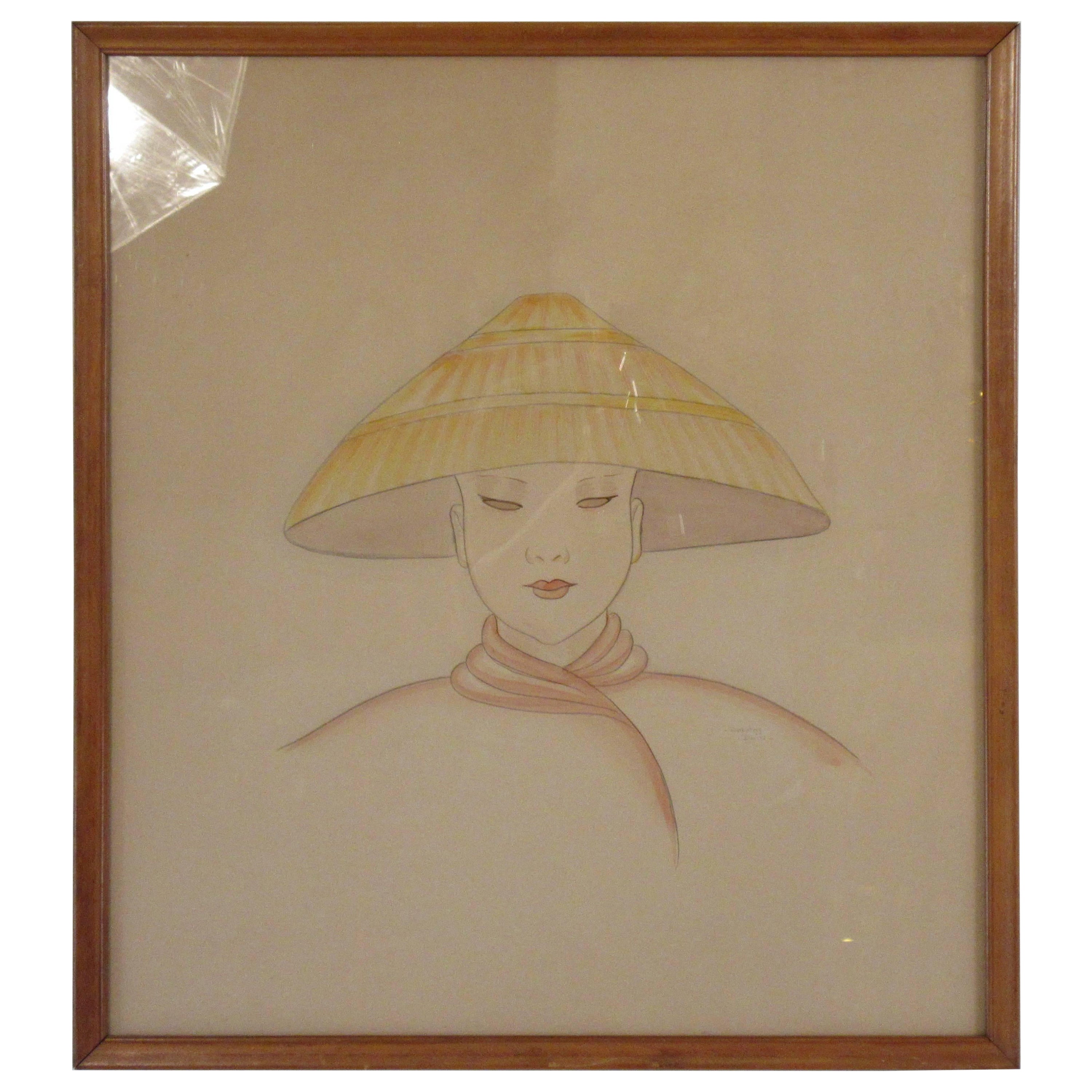 Aquarelle sur papier des années 1940 d'une femme asiatique portant un chapeau - Dorothy Dwin