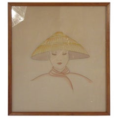 Vintage 1940s Watercolor Painting On Paper Of Asian Woman Wearing Hat - Dorothy Dwin