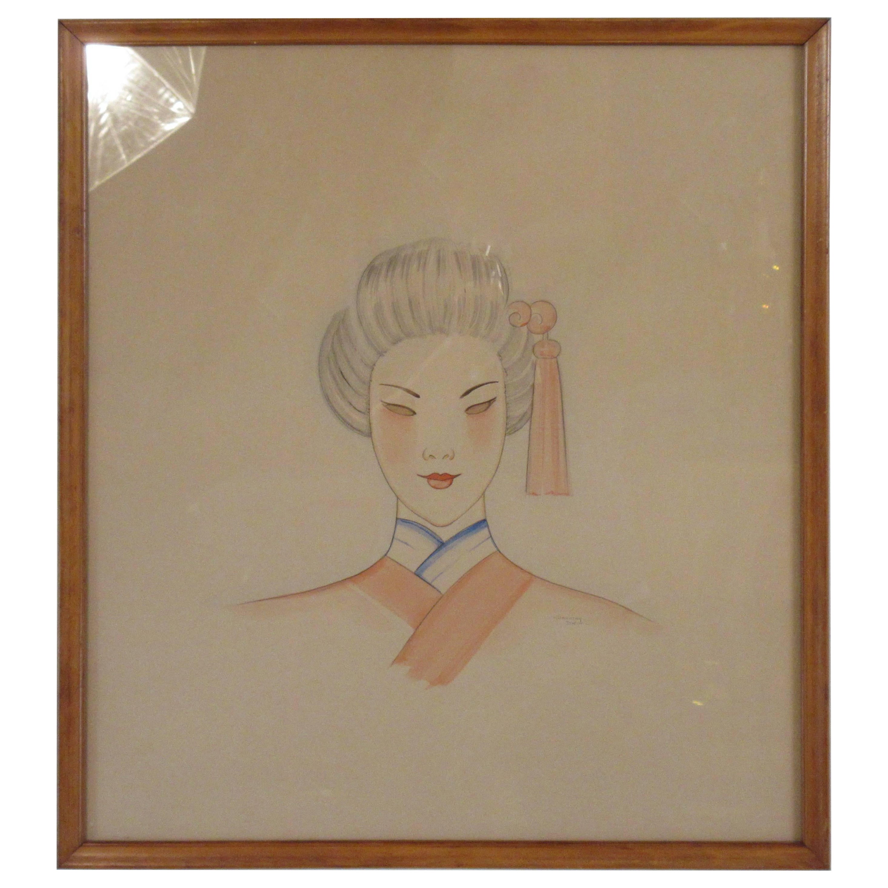 Peinture au pastel des années 1940 sur papier d'une femme asiatique signée Dorothy Dwin