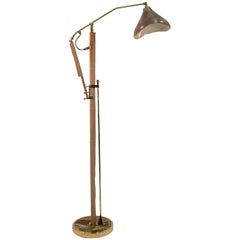 Gilt Brass, Stitched Leather and Onyx Adjustable Floor Lamp