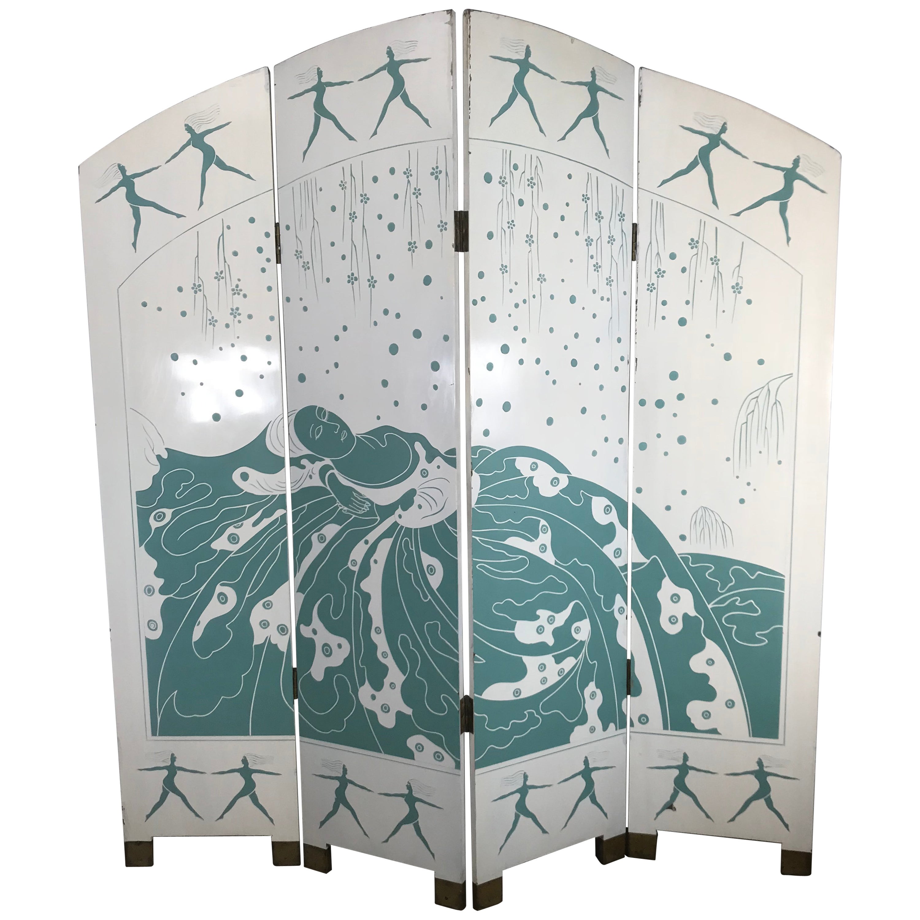 Erte Style Art Deco Silver Leaf ThreePanel Screen Art Room Divider For