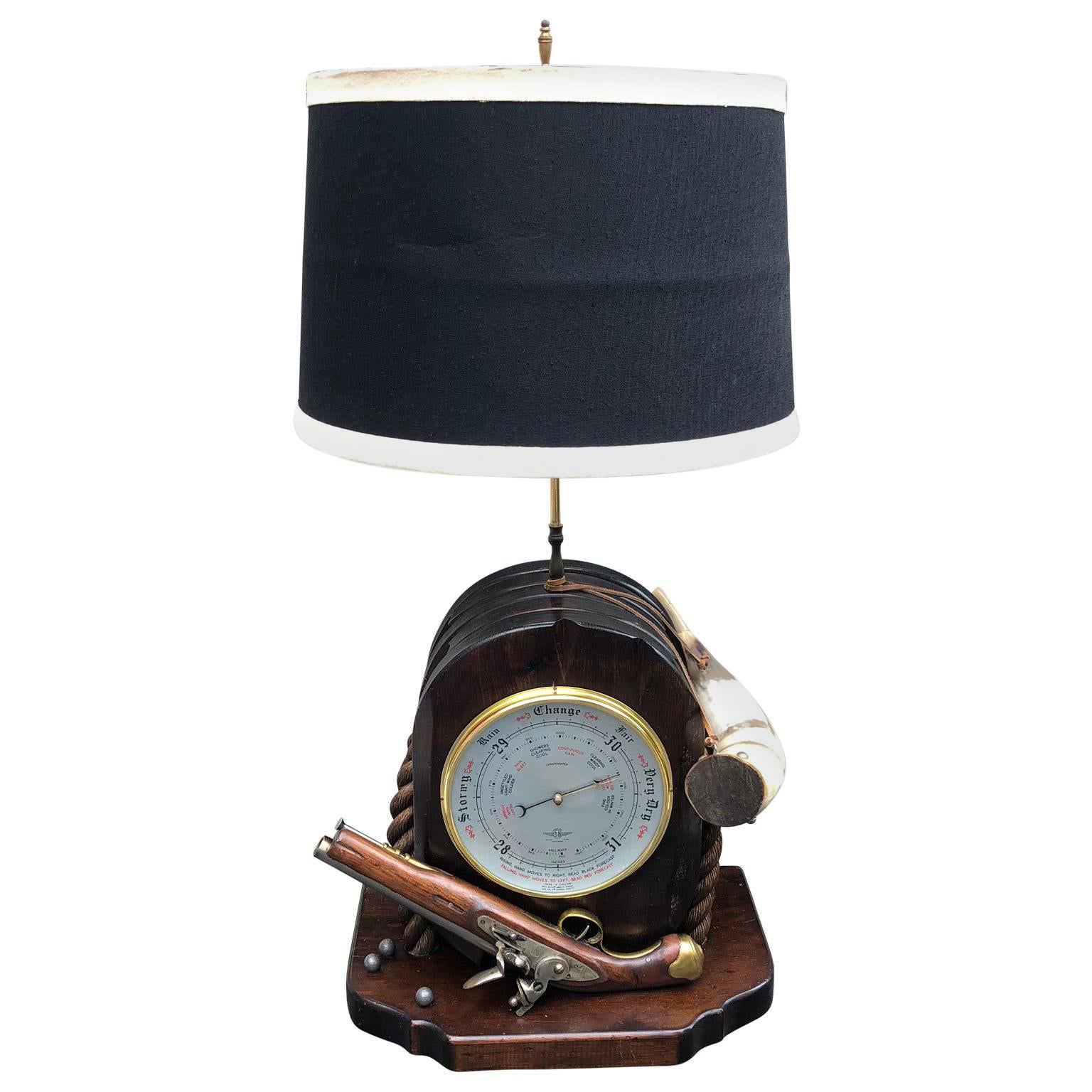 Large Naval Pulley Table Lamp with Flintlock Pistol, Barometer & Horn For Sale