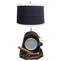 Vintage Large Naval Pulley Table Lamp with Flintlock Pistol, Barometer & Horn