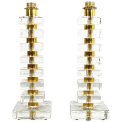 Pair of Large Bakalowits Square Block Glass Table Lights, Austria, 1970
