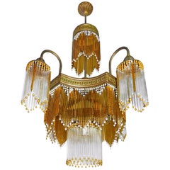 Art Deco & Art Nouveau Beaded Amber and Clear Glass Straw Chandelier