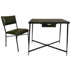 French Midcentury Steel and Brass Desk and Leather Desk Chair by Jacques Adnet