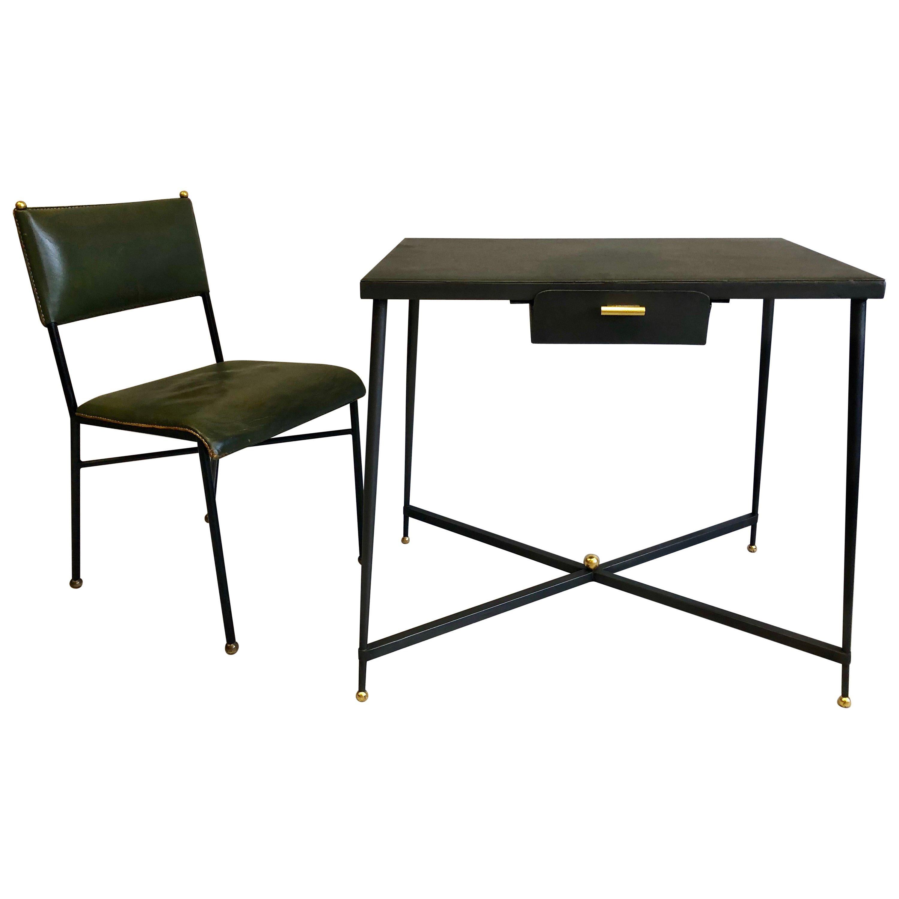 French Midcentury Steel and Brass Desk with Leather Desk Chair by Jacques Adnet