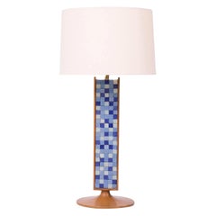Blue Mosaic Tile and Walnut Midcentury Table Lamp