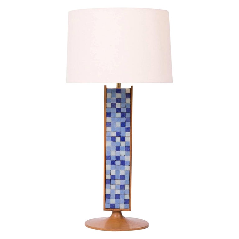 Blue Mosaic Tile and Walnut Midcentury Table Lamp For Sale at 1stDibs