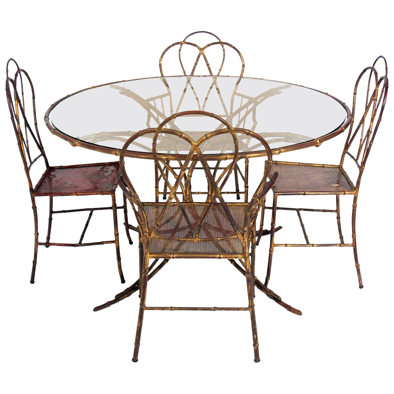1960s Faux Bamboo SixPiece Cast Iron Glass Top Table and Chairs at 1stDibs
