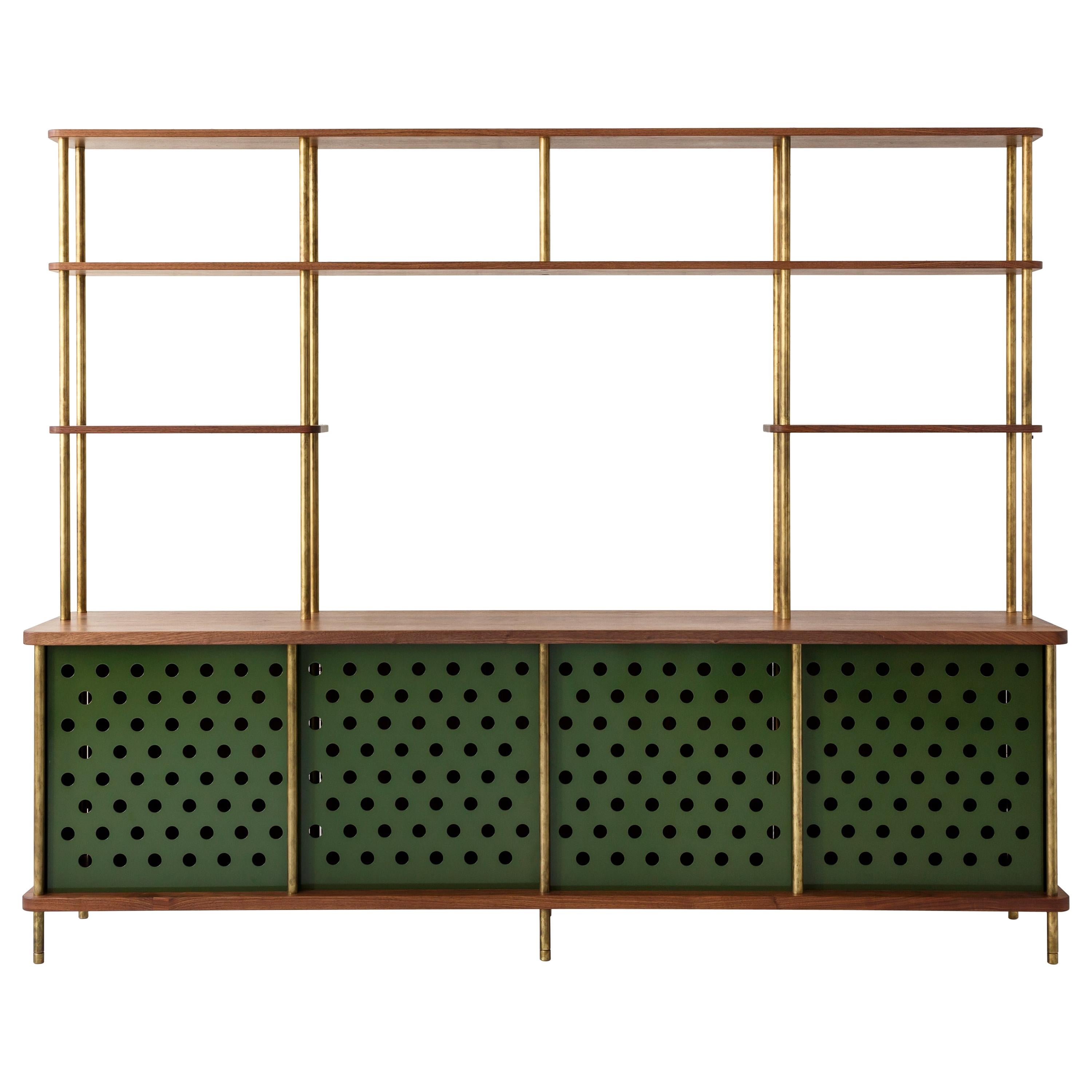 Contemporary 4 Door Strata Credenza in Walnut Wood and Brass by Fort Standard