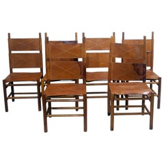 Set of Six Walnut and Cognac Leather Chairs by Carlo Scarpa for Bernini, 1977