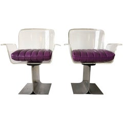 Leon Rosen Pace Collection Lucite Acrylic Swivel I-Beam Armchairs