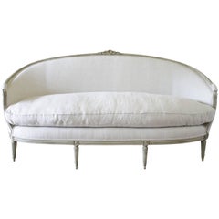 Late 18th Century Hand-Carved Louis XVI Style Painted French Sofa Natural Linen