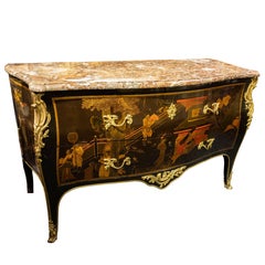 Antique French Louis XV Style Marble Top Chinoiserie Lacquered Japanned Commode