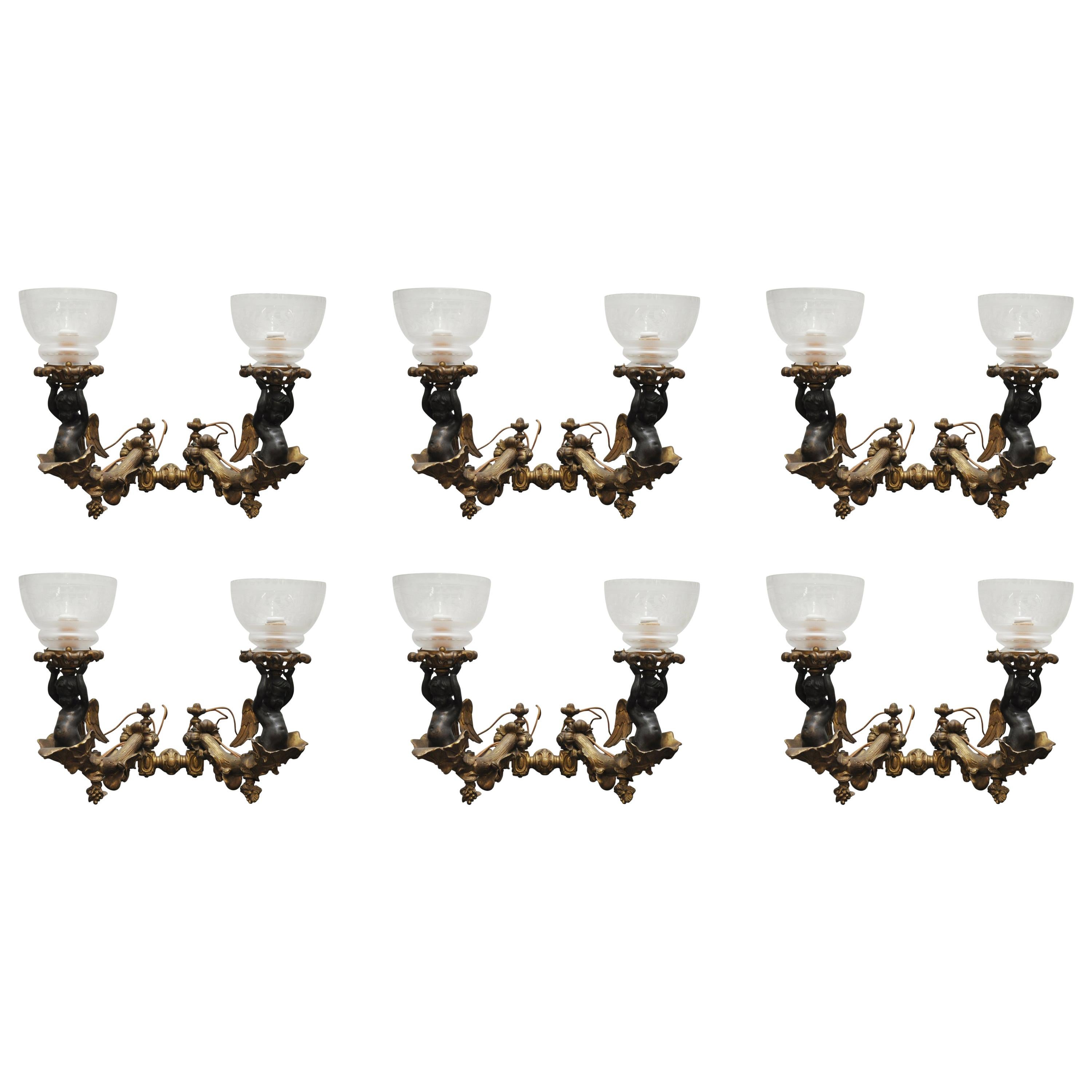 Six Bronze Gilt Sconces with Etched Glass Hurricanes For Sale